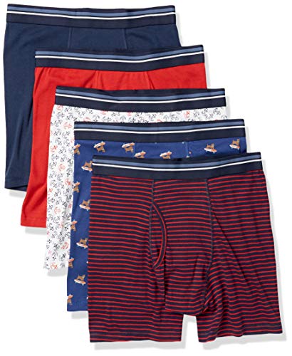 Amazon Essentials Men's Tag-Free Boxer Briefs, Pack of 5, Anchor/Dog Print/Mini Stripe, Medium