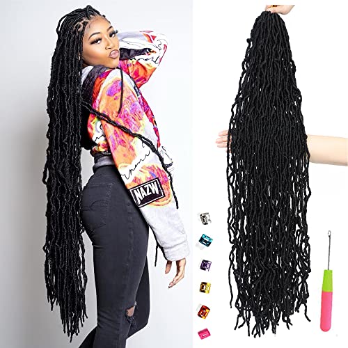 7 Packs Faux New Soft Locs Crochet Hair 36 Inch For Black Women Pre-looped Long Goddess Crochet Braids Curly Wavy Braiding Hair Extension (1B)
