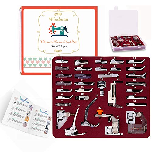Windman 32Pcs Sewing Machine Presser Feet Set Include Instructions and Deluxe Package for Brother Singer Janome Babylock Low Shank Sewing Machine Use