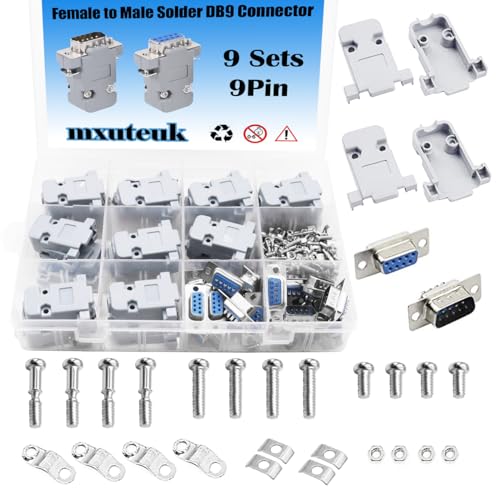 mxuteuk 9 Sets DB9 9 Pin Solder Type Connectors Kit,Female to Male and Gray Plastic Hoods Complete Set of Crimp Connector Assortment Kit MX-DB9