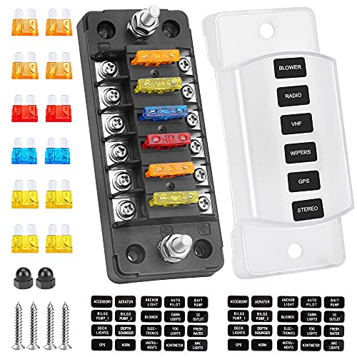 ELECTOP 6 Way Fuse Block Blade Fuse Box with Negative Bus, 6 Circuit Fuse Holder Fuse Block w/Negative Bus, Waterproof Protection Cover Sticker Labels for 12V/24V Automotive Car Truck Boat Marine RV