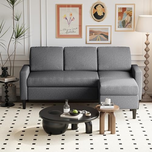 Shintenchi 74' Convertible Sectional Sofa Couch, Small 3-Seat L-Shaped Sofa with Modern Linen Fabric Upholstered, Space-Saving Sofa with Reversible Chaise for Living Room Apartment(Dark Gray)