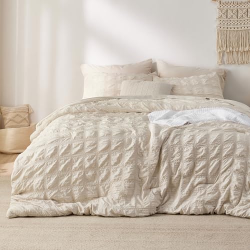 Bedsure Bed in a Bag King - King Size Comforter Set 7 Pieces Plaid Seersucker Bedding Set, Soft Lightweight Down Alternative Comforter, King Bed Set (Beige, King)