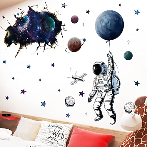 2Packs Outer Space Nursery Decor Stickers 3D Vivid Galaxy Wall Decals Break Through The Wall Ceiling Stars Decor Posters Universe Scene Cool Removable Wallpaper for Kids Boys Room Living Room Wall Decoration (Space Man A)