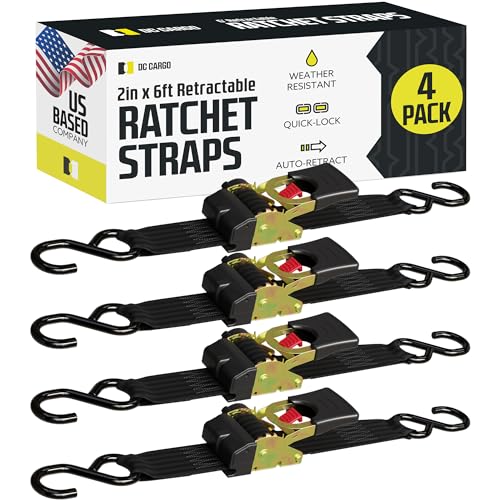 DC Cargo - Retractable Ratchet Strap, 4 Pack (2 inch x 6 feet) - Heavy Duty Tie Down Auto Retractable Ratchet Straps - Easy Self Contained Black Ratchet Strap Tie Downs for Trailers, Vehicles, Boat