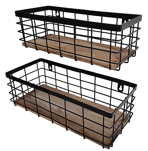 ShabbyDecor Metal Wire Basket Detachable Wood Base Storage Organizer Farmhouse Small Bins for Kitchen Cabinets, Bathroom, Pantry, Laundry Room, Closets Set of 2,Black Color