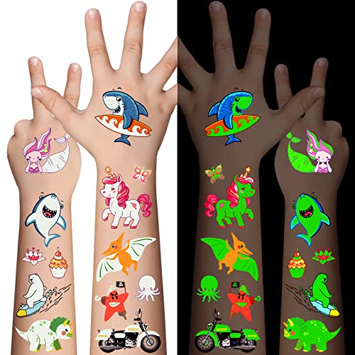 Awinmay 310 Pcs Luminous Temporary Tattoos For Kids,Mixed Styles Glow In The Dark Tattoos for Boys and Girls,Butterfly Dinosaur Pirate Mermaid Fake Tattoo Stickers,Glow Party Supplies Arts and Crafts