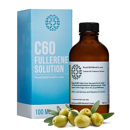 PureC60OliveOil C60 Organic Olive Oil 100ml / 3.4 Fl Oz - 99.95% Carbon 60 Solvent Free 80mg - Amber Glass Bottle - Food Grade - Carbon 60 Olive Oil - from The Leading Global Producer