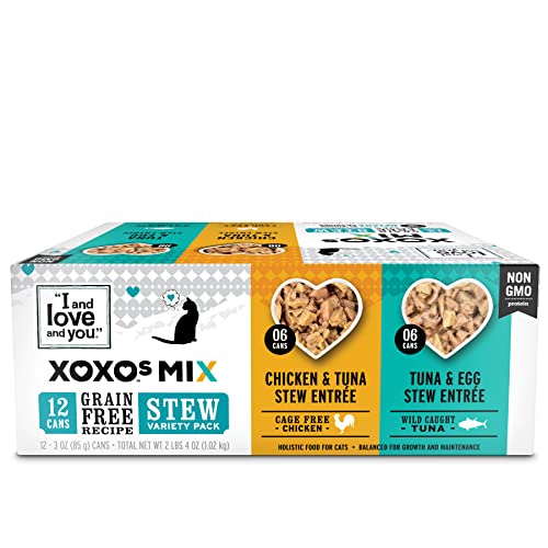I AND LOVE AND YOU' XOXOs Canned Wet Cat Food, Chicken and Tuna/Tuna and Egg Stew, Grain Free, Real Meat, No Fillers, 3 oz Cans, Pack of 12 Cans