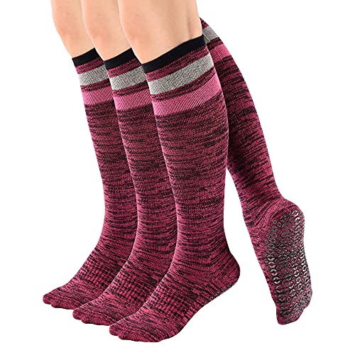 Teebulen Women's 3 Pairs Purple Anti Skid Non Slip Odor Control Grips Compression Knee High Yoga Pilate Fitness Socks Stocking,Size 5-10