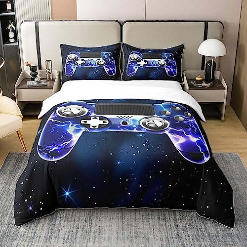 Galaxy Gamepad Duvet Cover 100% Cotton Universe Starry Sky Space Bedding 100% Cotton Set Video Game Gamepad Duvet Set Lightning Game Controller Quilt Cover Bedroom Collection 3Pcs King Zipper