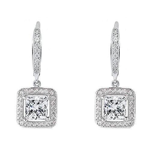 Cate & Chloe Ivy 18k White Gold Dangle Earrings | Princess Cut Cubic Zirconia Earrings, Women's Drop & Dangle Earrings, Halo Silver Earring Set, Hypoallergenic Earrings Fashion Jewelry