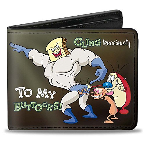 Nickelodeon Men's Standard Buckle-Down PU Bifold Wallet-Powdered Toastman Cling TENACIOUSLY to My Buttocks + REN and Stimpy Logo, Multicolor, 4.0' x 3.5'