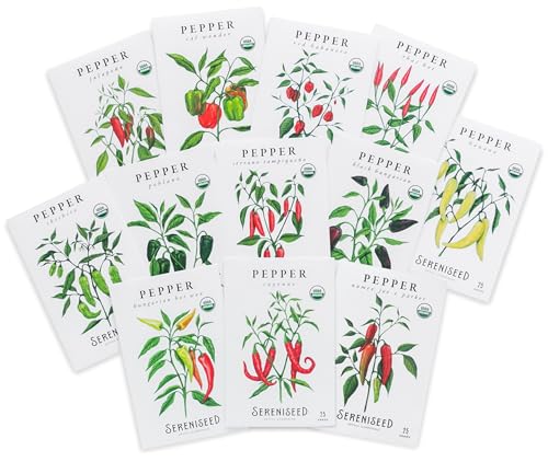 Sereniseed Certified Organic Hot Pepper Seeds (12-Pack) – Non GMO, Open Pollinated – Jalapeño, Cal Wonder, Shishito, Black Hungarian, Serrano, Thai Hot, Red Habanero, Poblano, Cayenne and More
