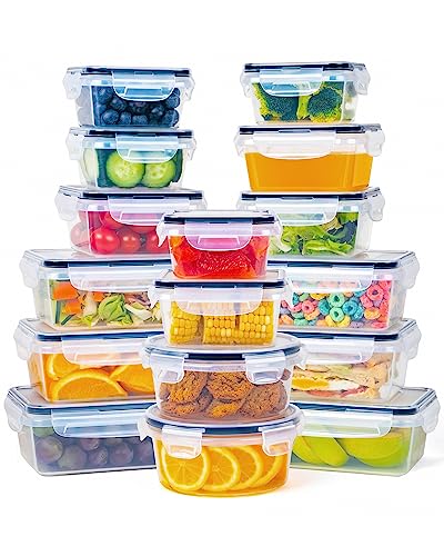 FOOYOO 32 Piece Food Storage Container with Lids (16 Containers + 16 Lids) - Plastic Food Airtight Leak Proof Snap Lock Lids, BPA Free Storage Containers with Lids