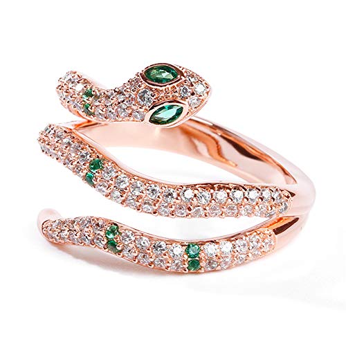 GNOCE 'Creative Life Force 18K Rose Gold S925 Sterling Silver Green Snake Ring with Clear Cz Stones Womens Cool Crystal Jewelry Accessories Snake Rings for Women Fashion Rhinestones Rings (6(U.S))