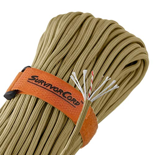 620 LB Coyote Brown SurvivorCord Hank, Coyote Brown Paracord 550 Type III, Military Grade, Heavy Duty Paracord with 3 Survival Strands, Cordage for Camping, with Survival Firestarter.