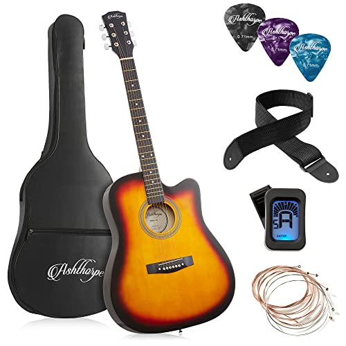 Ashthorpe 41-inch Beginner Cutaway Acoustic Guitar Package (Sunburst), Full Size Basic Starter Kit w/Gig Bag, Strings, Strap, Tuner, Picks