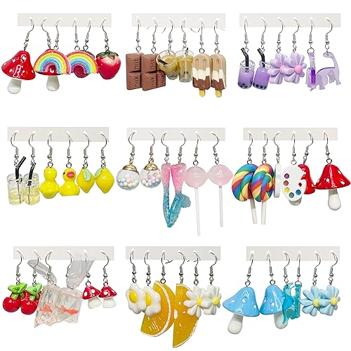 GIFIKOI 27 Pairs Weird Cute Funny Earrings Duck Mushroom Fruit Flowers Drop Dangle Earrings for Women Aesthetic Earrings Food Animal Earrings Bulk