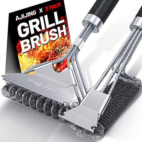 AJIJING Grill Brush and Scraper,2 Pack BBQ Grill Cleaning Brush 18' Stainless Steel Wire Bristle BBQ Grill Cleaner Brush Scraper Accessories for Gas Grill Weber Charcoal Porcelain Ceramic Iron Grill