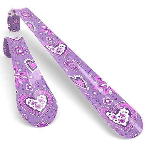 Shoe Horns for Women & Seniors | Premium Short & Long Handled Metal Shoe Horn Set | 6” & 11½ Inch Travel Shoehorns for Ladies Kids Girls Men | Beautiful Purple Floral, Abstract Love Heart Design
