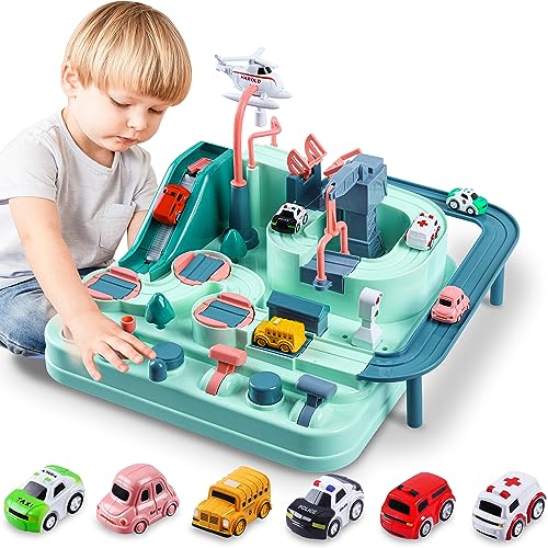 YEZI Car Adventure Toys for Kids, City Rescue Playsets Magnet Toys w/ 6 Mini Cars, Puzzle Rail Car, Preschool Educational Car Games Gift for 3 4 5 6 7 Year Old Boys Girls