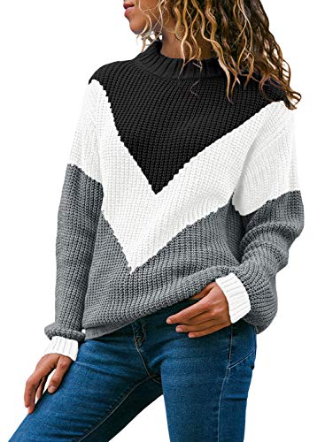 Acelitt Women Ladies Winter Casual Warm Thick Long Sleeve Crewneck Color Block Contrast Knit Pullover Sweaters Tops Black Medium