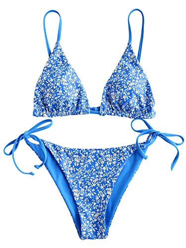 ZAFUL Women's Triangle Bikini Floral String Bikini Set Two Piece Swimsuit Bathing Suits (2-Ocean Blue, S)