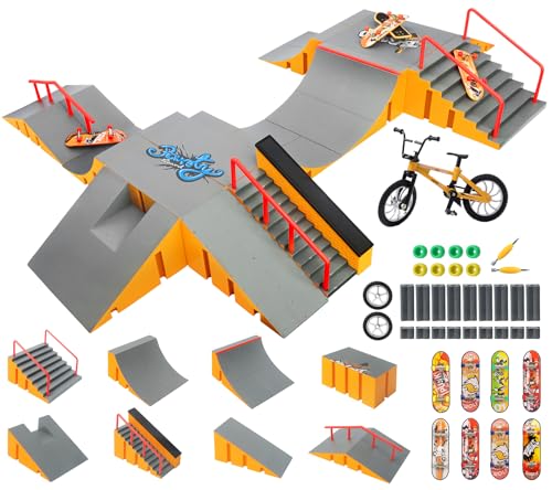 RNGODO Finger Skateboard Park Kits,14-in-1 Bigger Finger Skateboard Ramp Set with 14 Ramps,8 Fingerboards,1 Finger Bike, Skate Park Kit,Fingerboard Skatepark Half Pipe Toys for Kids