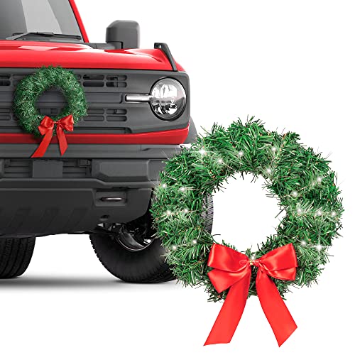 Motor Trend Car Christmas Wreath for Car Truck SUV LED Light Up Decoration Grill Ornament Mount Xmas Artifical Pine Pre-Lit Automotive All Weather Winter Holiday Wreath