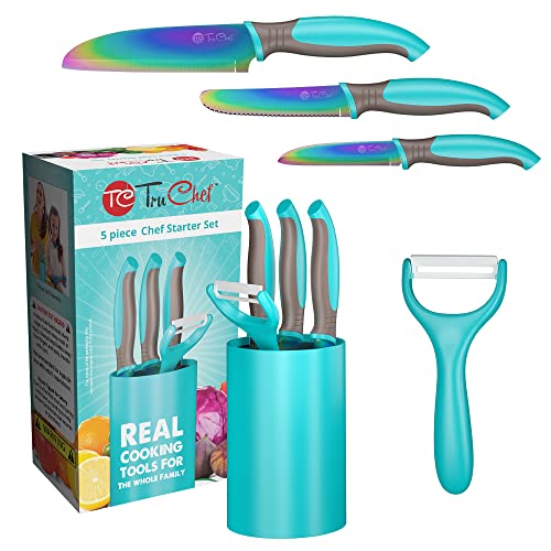 TruChef Kids Knife Set For Cooking – 5 Piece Kids Cook Set in Aqua – Kids Cooking Supplies with Kids Chef Knife, Kids Paring Knife, Kids Peeler, Kids Serrated Knife & Universal Holder