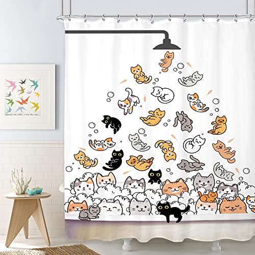 SVBright Cat Shower Curtain for Kids Children 60Wx72L Inch Cute Shower Curtain Cartoon Animal Funny Raining Colorful Hilarious Playing Water Bathroom Waterproof Polyester Fabric Bathtub 12 Pack Hooks