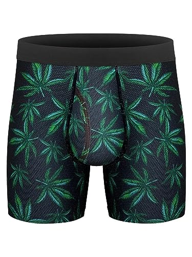Men's Stylish & Breathable Cannabis Marijuana Leaf Boxer Briefs Performance Tagless Comfy Silk Waistband 6’’ Boxer Briefs (Large) Green