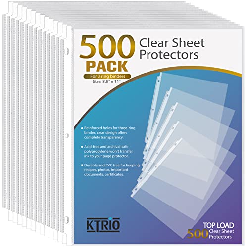 KTRIO 500 Pack Sheet Protectors 8.5 x 11 inch, Clear Page Protectors for 3 Ring Binder, Plastic Sleeves for Binders, Top Loading Paper Protector Letter Size