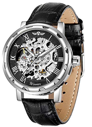 GLEIM Men's Watch, Mechanical Skeleton Steampunk Design Automatic Self-Winding Roman Numeral Silver Case PU Leather Wrist Watch