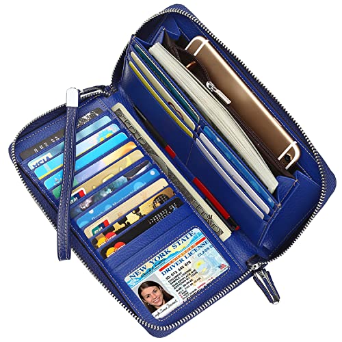 Lavemi Women's RFID Blocking 100% Leather Large Capacity Zip Around Wallet Phone Holder Clutch Travel Purse Wristlet(Large Size Navy Blue)