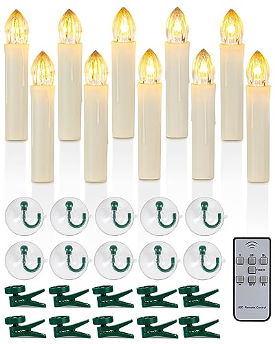 Raycare 10PCS LED Flameless Window Candles with Remote Timer, Flameless Taper Candles Light Battery Operated, Flickering Warm White Light with Clips/Suction Cups for Christmas Halloween