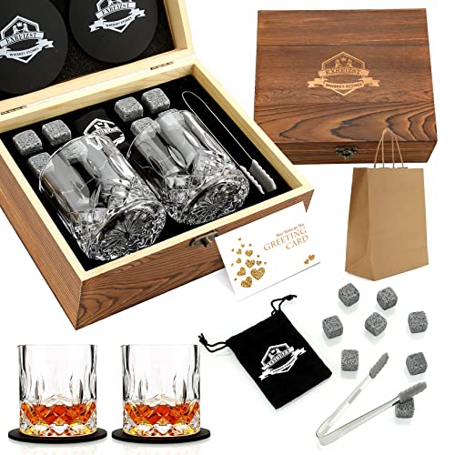 Whiskey Stones Gift Set - Whiskey Glass Set of 2 - Granite Chilling Whiskey Rocks - Scotch Bourbon Box Set - Best Drinking Gifts for Men Dad Husband Birthday Party Holiday Present