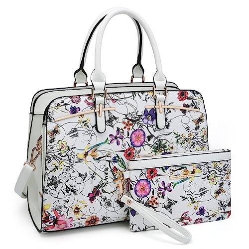 Dasein Women Satchel Handbags Shoulder Purses Totes Top Handle Work Bags with 3 Compartments (1-White Flower)