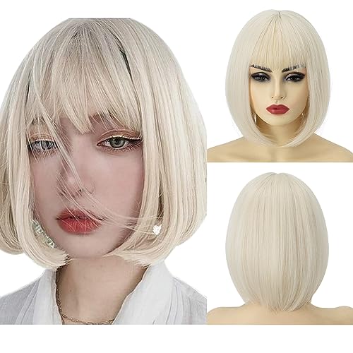 SARLA Short Bob Wigs with Bangs 8 Inch Fashion Synthetic Colorful Cosplay Daily Party Wig for Women Platinum Blonde
