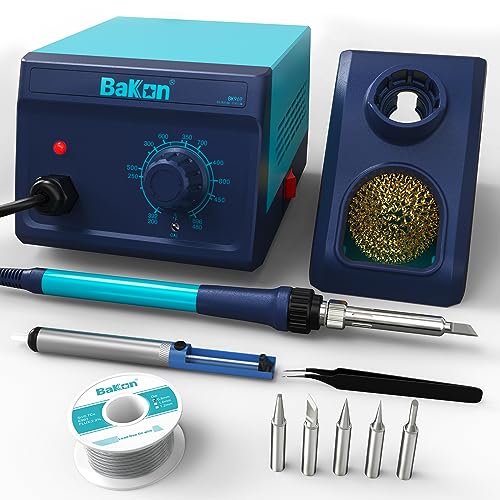 BAKON 969 Soldering Iron Kit,90W Precision Soldering Station,Soldering Kit with Knob Stepless Temp Controlled,5 Extra Iron Tips,Lead-Free Solder,Sucker,Tweezers,for Electronics Beginner