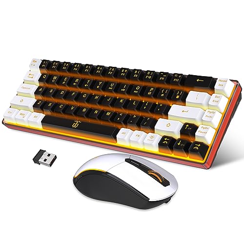 Snpurdiri 60% Wireless Gaming Keyboard and Mouse Combo,Orange Backlit Rechargeable 2000mAh Battery,Mini Mechanical Feel Anti-ghosting Keyboard + 6D 3200DPI Mouse for Gaming, Office(Black-White)