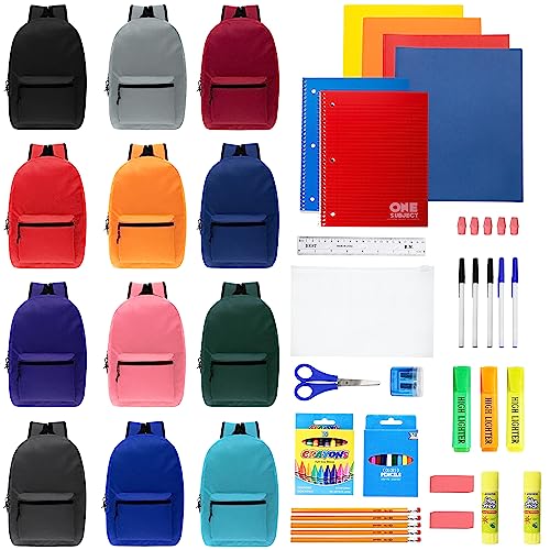 Moda West 12 Pack - 17 Inch Wholesale Backpacks with 52 Piece School Supply Kits - Case of 12 Bulk Backpacks, 12 Kits Value Bundle