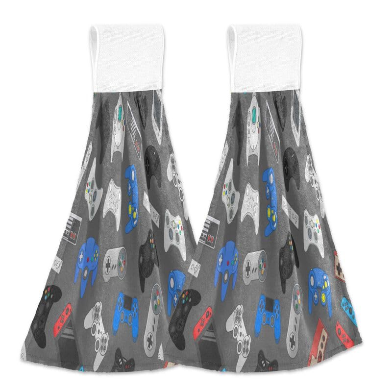 KOCOART Video Game Controller Hanging Kitchen Towels Gamepad Joystick Hand Towel with Loop 2 Pack Soft Tea Bar Dish Cloth Dry Towel Super Absorbent Fingertip Towel for Bathroom Laundry Room