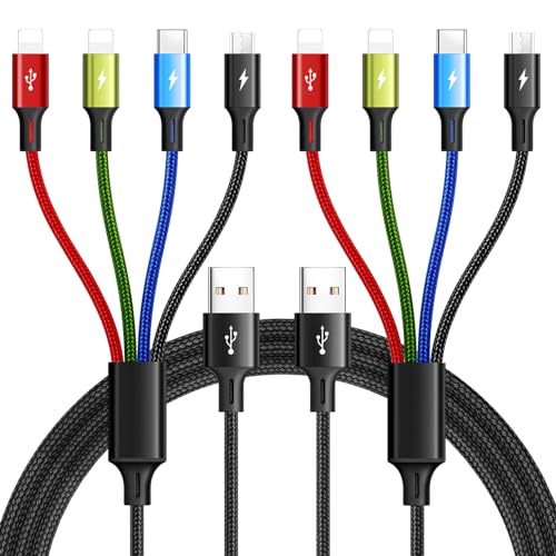 Multi Charging Cable 3.5A Multi Charger Cable Braided 4 in 1 Charging Cable Multi USB Cable Fast Charging Cord with IP/Type C/Micro USB Port for Cell Phones/Tablets/Samsung Galaxy/LG & More(2Pack 4Ft)