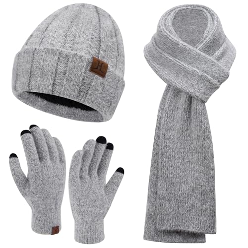 Womens Winter Warm Knit Beanie Hat Touchscreen Gloves Long Neck Scarf Set with Fleece Lined Skull Caps Gifts for Women Men