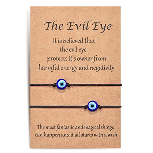 Shonyin Handmade Evil Eye Bracelets Set with Card Red String Bracelet Kabbalah Protection Luck Amulet for Women Men Father's Day Family Friends (B-Black Rope-Blue Eye)