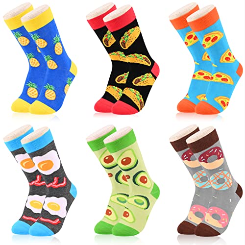 Dsia Zamur 6 Pack Novelty Food Socks + Gift Box for Kids Boys Girls, Colorful Athletic Calf Crew Socks for Children Sons Avocado Donut Taco Pizza Egg Bacon Pineapple Lovers 7-10 Years