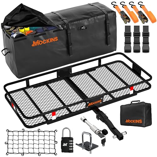 Mockins 60x20x6 Folding Cargo Carrier Hitch Mount Steel Rack 500lb Cap & 16 Cu Ft Soft Shell Waterproof Cargo Bag | Tow Hitch Cargo Basket, Hitch Tightener & Accessories |2' Receiver Cargo Trailer