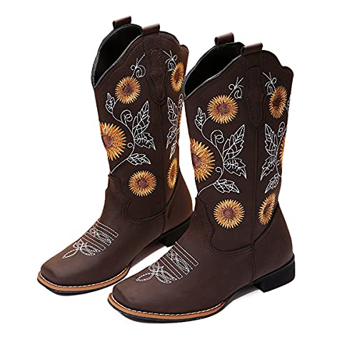 gloryinterest Cowboy Boots for Women Mid Calf Cowgirl Western Boots Sunflower Embroidery Stitched Square Toe Low Heel Black Brown Yellow US6-10.5, brown, 39